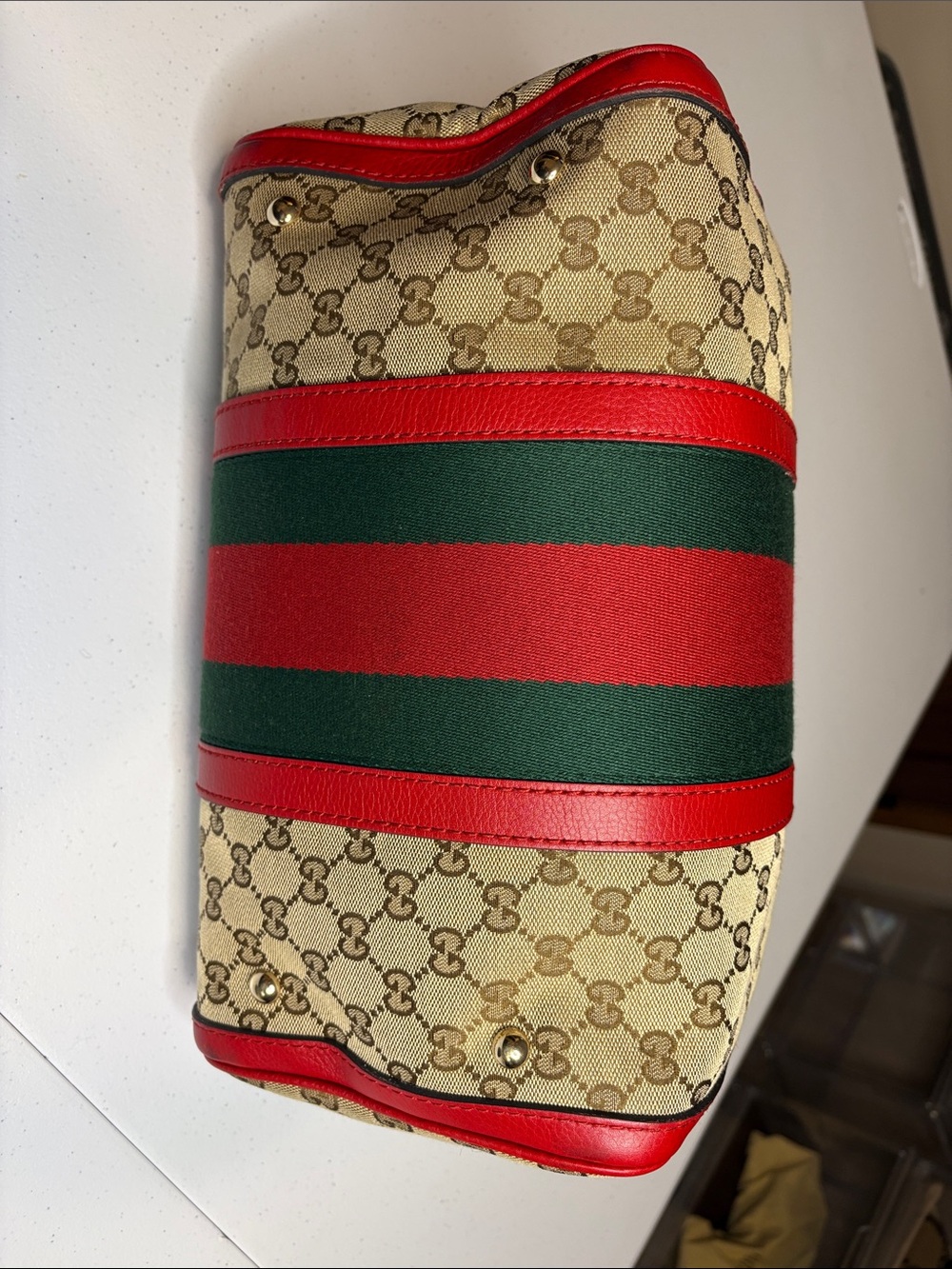 Gucci GG Supreme Web Boston Bag Leather Trim | No Strap - Picture 7 of 16